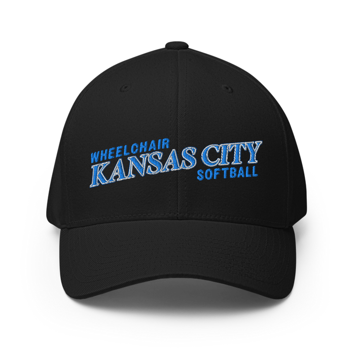 Front angle of the MAS Kansas City Wheelchair Softball Slant Black Flexfit Curved Bill Fitted against a white background