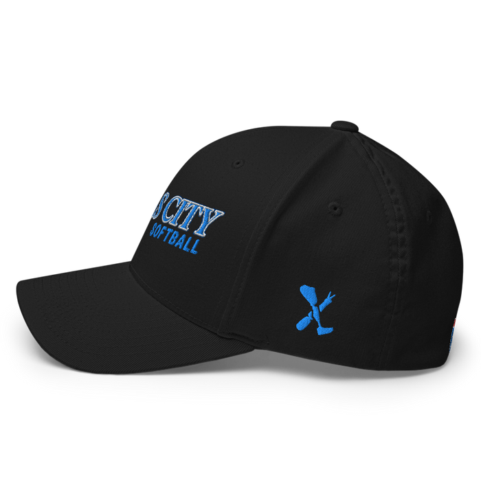 Left angle of the MAS Kansas City Wheelchair Softball Slant Black Flexfit Curved Bill Fitted against a white background