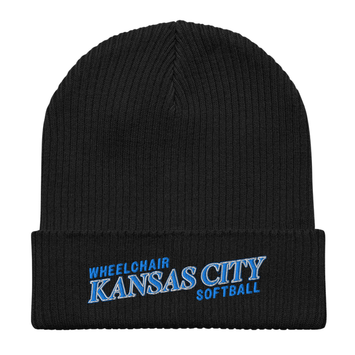 Front angle of the MAS Kansas City Wheelchair Softball Slant Black Organic Beanie laid flat against a white background