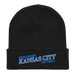 Front angle of the MAS Kansas City Wheelchair Softball Slant Black Organic Beanie laid flat against a white background