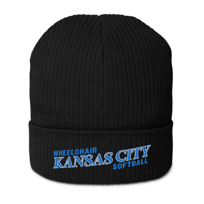 Front angle of the MAS Kansas City Wheelchair Softball Slant Black Organic Beanie against a white background