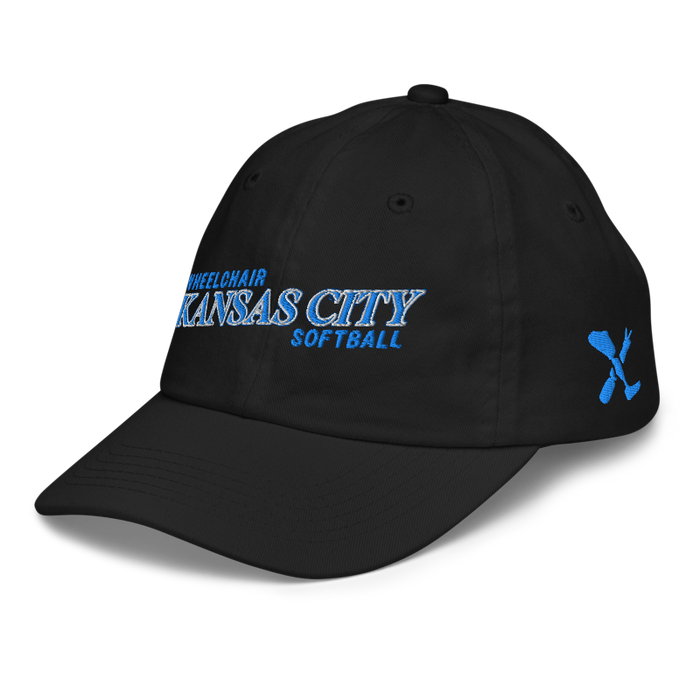 Front left angle of the MAS Kansas City Wheelchair Softball Slant Black Youth Dad Hat against a white background