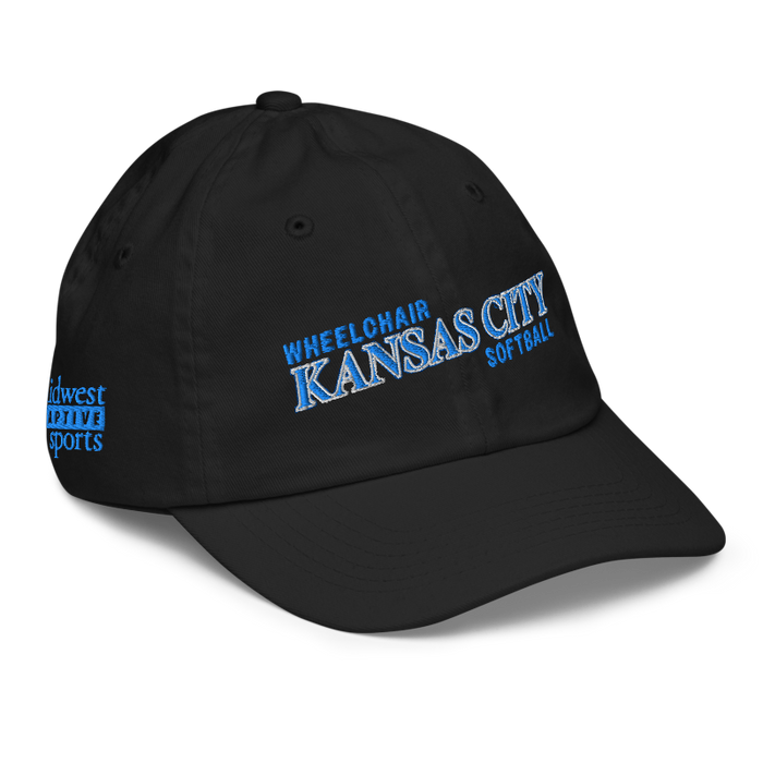 Front right angle of the MAS Kansas City Wheelchair Softball Slant Black Youth Dad Hat against a white background