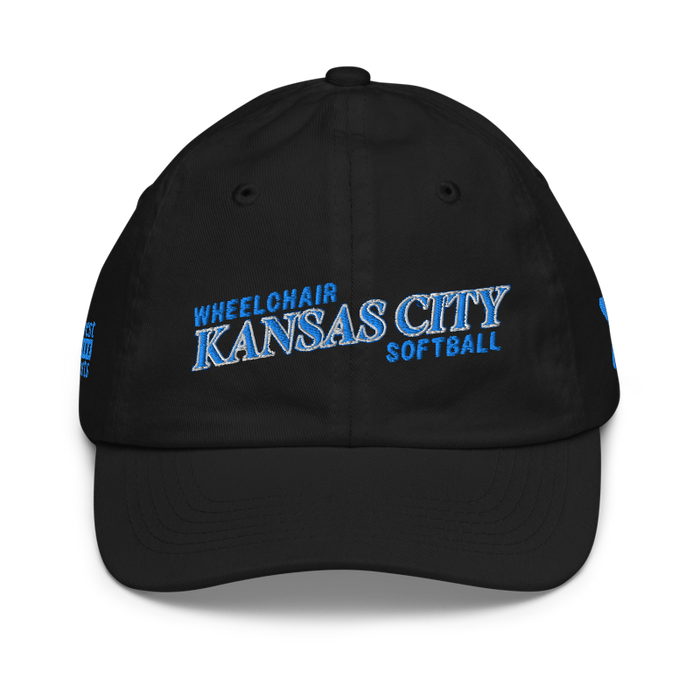 Front angle of the MAS Kansas City Wheelchair Softball Slant Black Youth Dad Hat against a white background