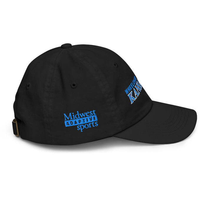Right angle of the MAS Kansas City Wheelchair Softball Slant Black Youth Dad Hat against a white background