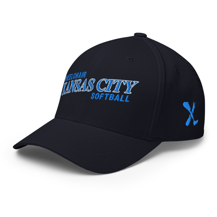 Front left angle of the MAS Kansas City Wheelchair Softball Slant Dark Navy Flexfit Curved Bill Fitted against a white background