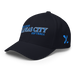 Front left angle of the MAS Kansas City Wheelchair Softball Slant Dark Navy Flexfit Curved Bill Fitted against a white background