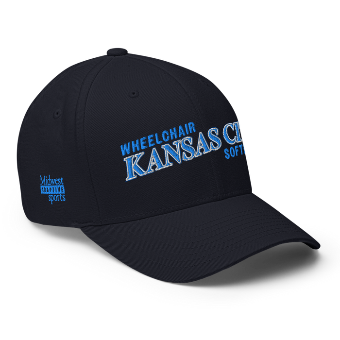 Front right angle of the MAS Kansas City Wheelchair Softball Slant Dark Navy Flexfit Curved Bill Fitted against a white background