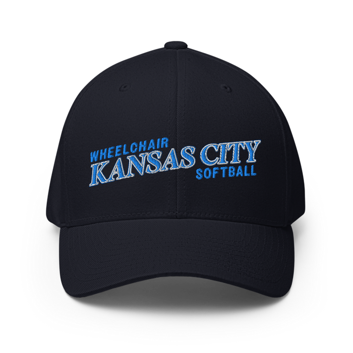 Front angle of the MAS Kansas City Wheelchair Softball Slant Dark Navy Flexfit Curved Bill Fitted against a white background