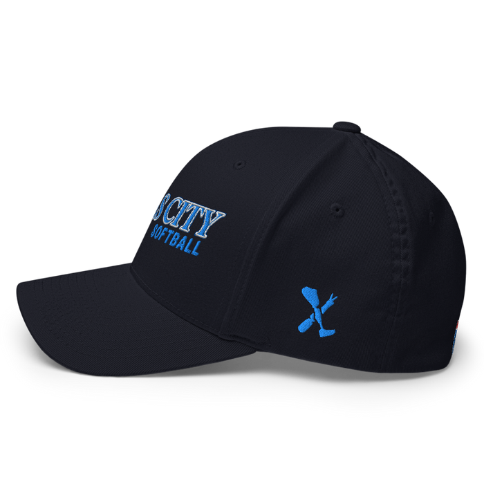Left angle of the MAS Kansas City Wheelchair Softball Slant Dark Navy Flexfit Curved Bill Fitted against a white background