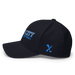 Left angle of the MAS Kansas City Wheelchair Softball Slant Dark Navy Flexfit Curved Bill Fitted against a white background