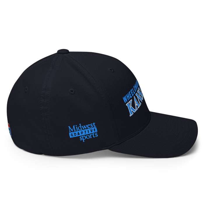 Right angle of the MAS Kansas City Wheelchair Softball Slant Dark Navy Flexfit Curved Bill Fitted against a white background