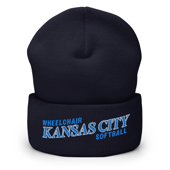 Front angle of the MAS Kansas City Wheelchair Softball Slant Navy Beanie against a white background