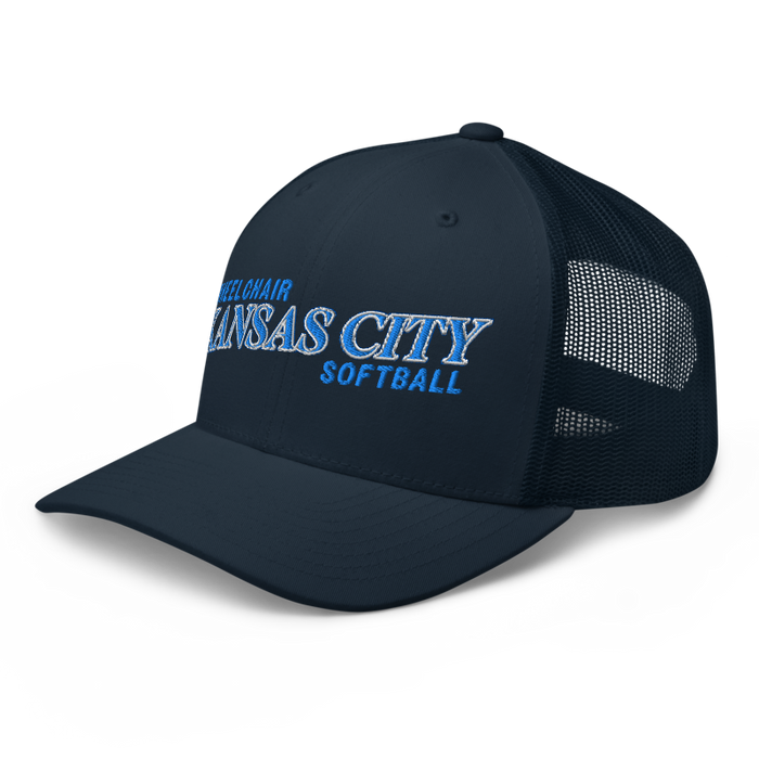 Front left angle of the MAS Kansas City Wheelchair Softball Slant Navy Curved Bill Trucker Snapback against a white background