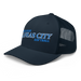 Front left angle of the MAS Kansas City Wheelchair Softball Slant Navy Curved Bill Trucker Snapback against a white background