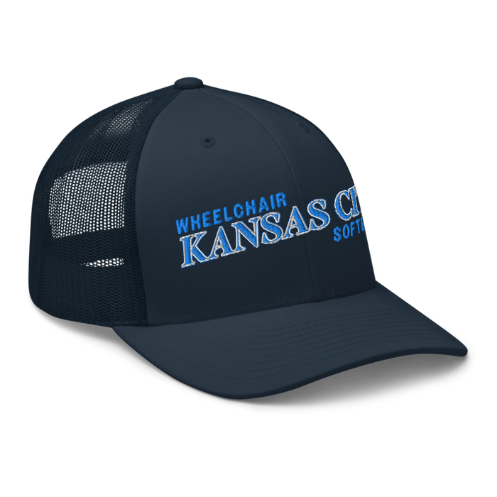 Front right angle of the MAS Kansas City Wheelchair Softball Slant Navy Curved Bill Trucker Snapback against a white background
