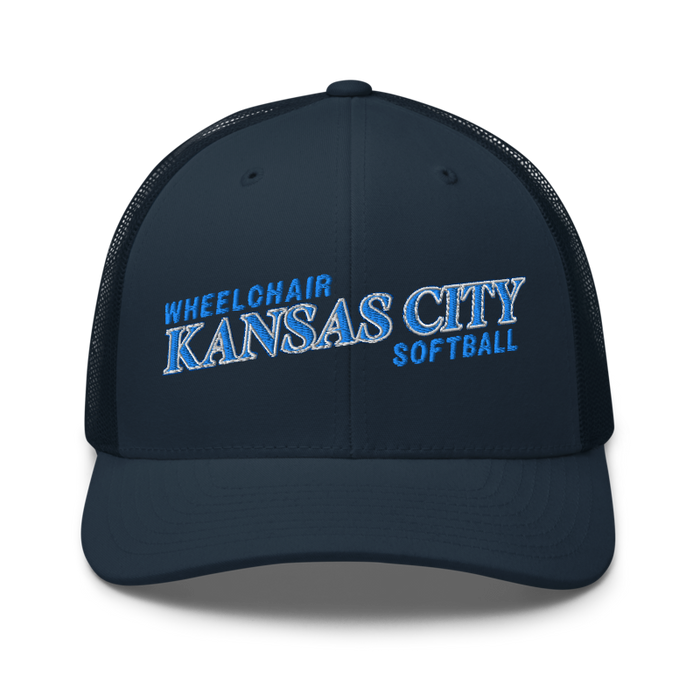 Front angle of the MAS Kansas City Wheelchair Softball Slant Navy Curved Bill Trucker Snapback against a white background