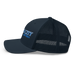 Left angle of the MAS Kansas City Wheelchair Softball Slant Navy Curved Bill Trucker Snapback against a white background