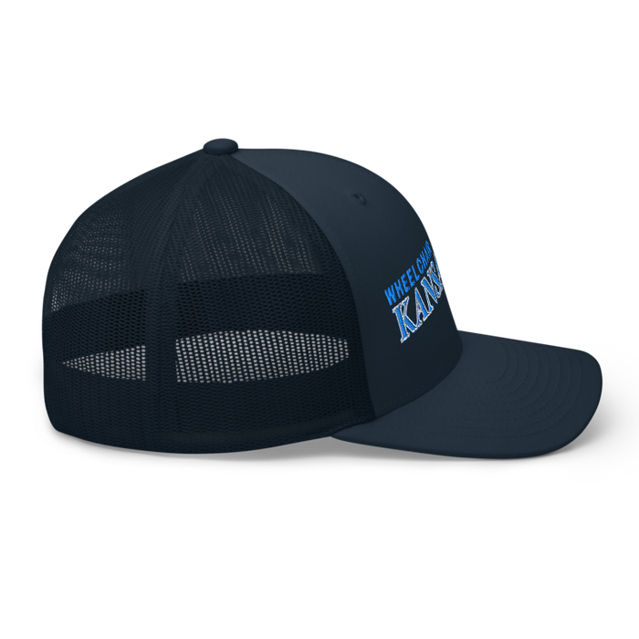 Right angle of the MAS Kansas City Wheelchair Softball Slant Navy Curved Bill Trucker Snapback against a white background