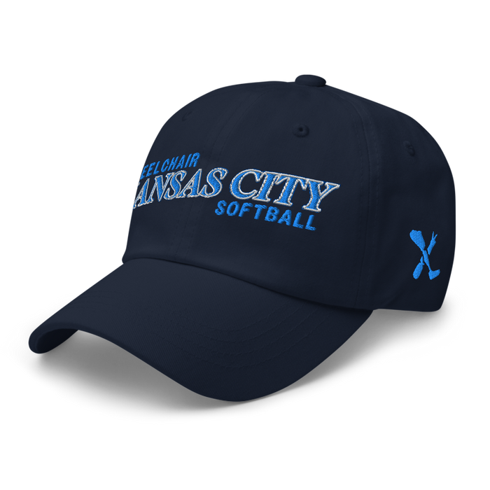 Front left angle of the MAS Kansas City Wheelchair Softball Slant Navy Dad Hat against a white background
