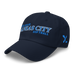 Front left angle of the MAS Kansas City Wheelchair Softball Slant Navy Dad Hat against a white background