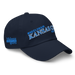 Front right angle of the MAS Kansas City Wheelchair Softball Slant Navy Dad Hat against a white background
