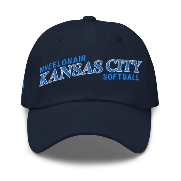 Front angle of the MAS Kansas City Wheelchair Softball Slant Navy Dad Hat against a white background