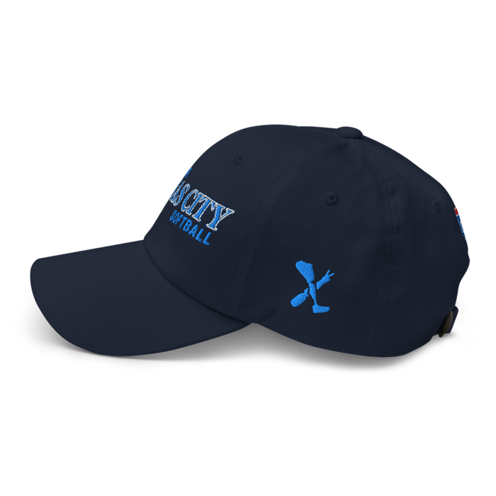 Left angle of the MAS Kansas City Wheelchair Softball Slant Navy Dad Hat against a white background