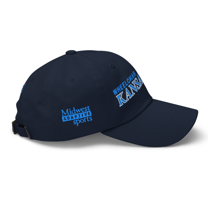Right angle of the MAS Kansas City Wheelchair Softball Slant Navy Dad Hat against a white background