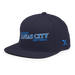 Front left angle of the MAS Kansas City Wheelchair Softball Slant Navy Flat Bill Snapback against a white background