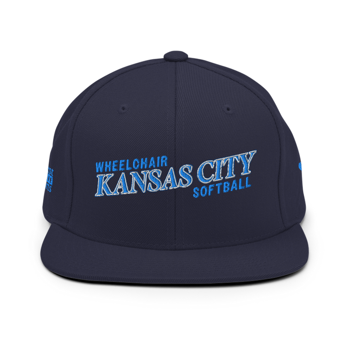 Front angle of the MAS Kansas City Wheelchair Softball Slant Navy Flat Bill Snapback against a white background