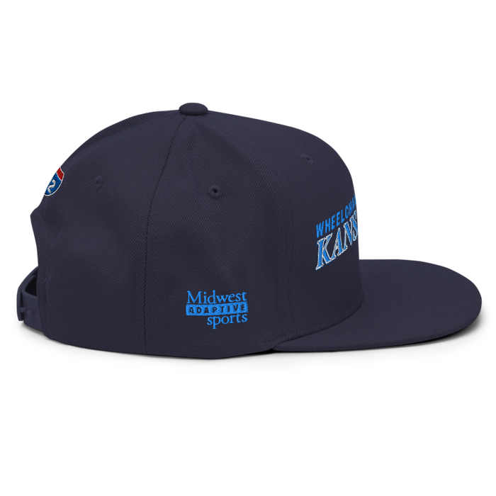 Right angle of the MAS Kansas City Wheelchair Softball Slant Navy Flat Bill Snapback against a white background