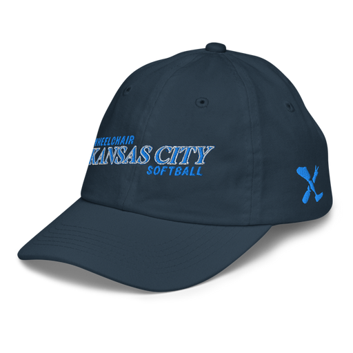 Front left angle of the MAS Kansas City Wheelchair Softball Slant Navy Youth Dad Hat against a white background