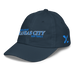 Front left angle of the MAS Kansas City Wheelchair Softball Slant Navy Youth Dad Hat against a white background