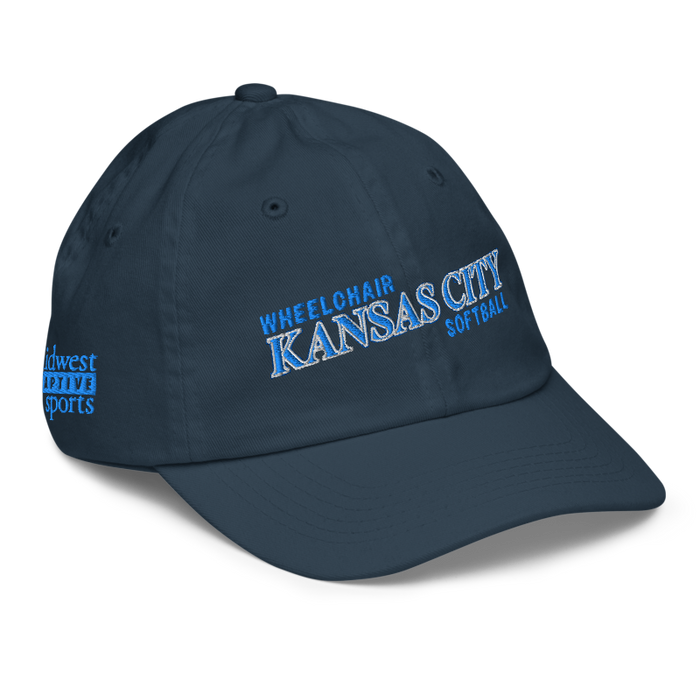 Front right angle of the MAS Kansas City Wheelchair Softball Slant Navy Youth Dad Hat against a white background