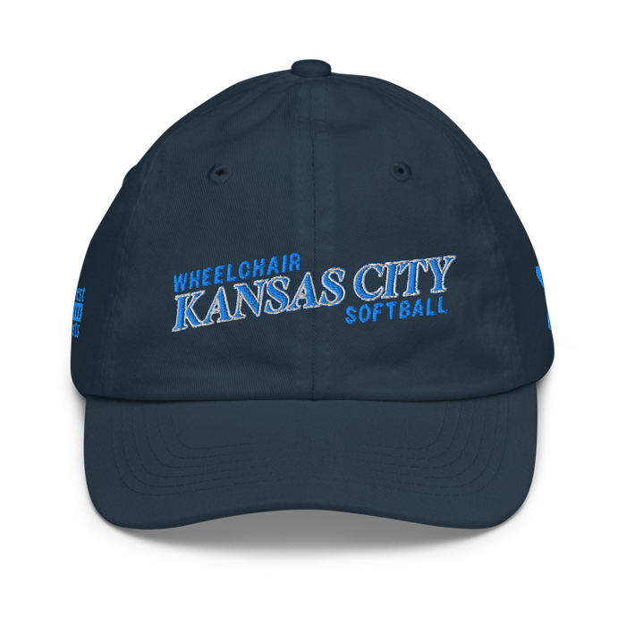 Front angle of the MAS Kansas City Wheelchair Softball Slant Navy Youth Dad Hat against a white background