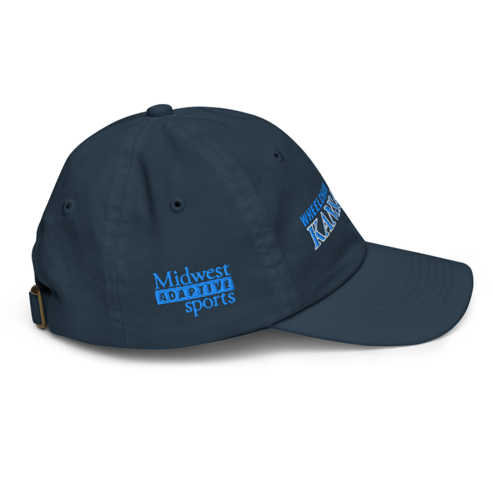 Right angle of the MAS Kansas City Wheelchair Softball Slant Navy Youth Dad Hat against a white background