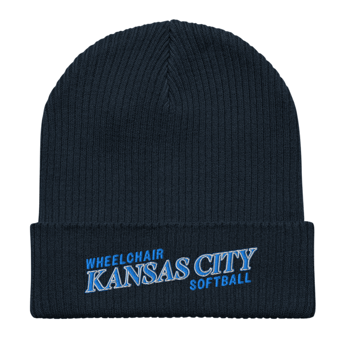 Front angle of the MAS Kansas City Wheelchair Softball Slant Oxford Navy Organic Beanie laid flat against a white background