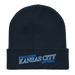 Front angle of the MAS Kansas City Wheelchair Softball Slant Oxford Navy Organic Beanie laid flat against a white background