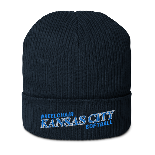Front angle of the MAS Kansas City Wheelchair Softball Slant Oxford Navy Organic Beanie against a white background