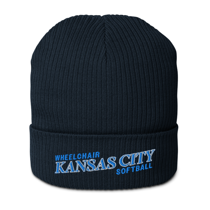 Front angle of the MAS Kansas City Wheelchair Softball Slant Oxford Navy Organic Beanie against a white background