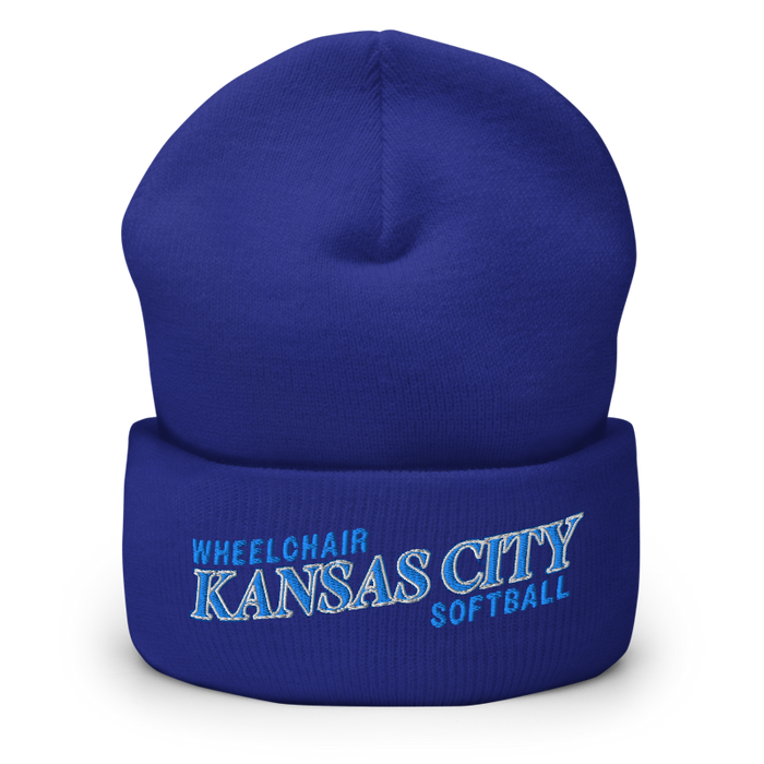 Front angle of the MAS Kansas City Wheelchair Softball Slant Royal Beanie against a white background