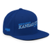 Front right angle of the MAS Kansas City Wheelchair Softball Slant Royal Blue Flat Bill Snapback against a white background