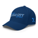 Front left angle of the MAS Kansas City Wheelchair Softball Slant Royal Blue Flexfit Curved Bill Fitted against a white background