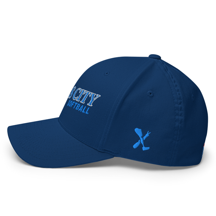 Left angle of the MAS Kansas City Wheelchair Softball Slant Royal Blue Flexfit Curved Bill Fitted against a white background