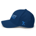 Left angle of the MAS Kansas City Wheelchair Softball Slant Royal Blue Flexfit Curved Bill Fitted against a white background