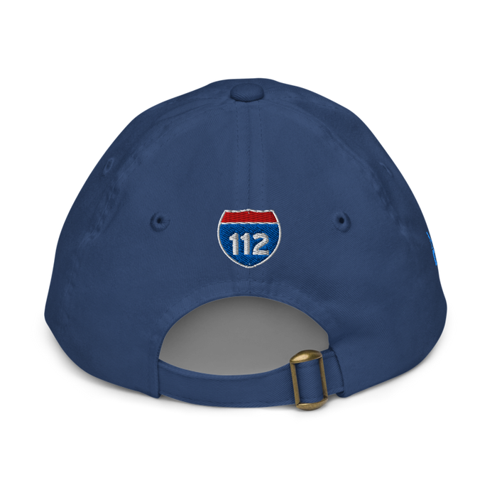 Back angle of the MAS Kansas City Wheelchair Softball Slant Royal Youth Dad Hat against a white background