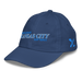 Front left angle of the MAS Kansas City Wheelchair Softball Slant Royal Youth Dad Hat against a white background