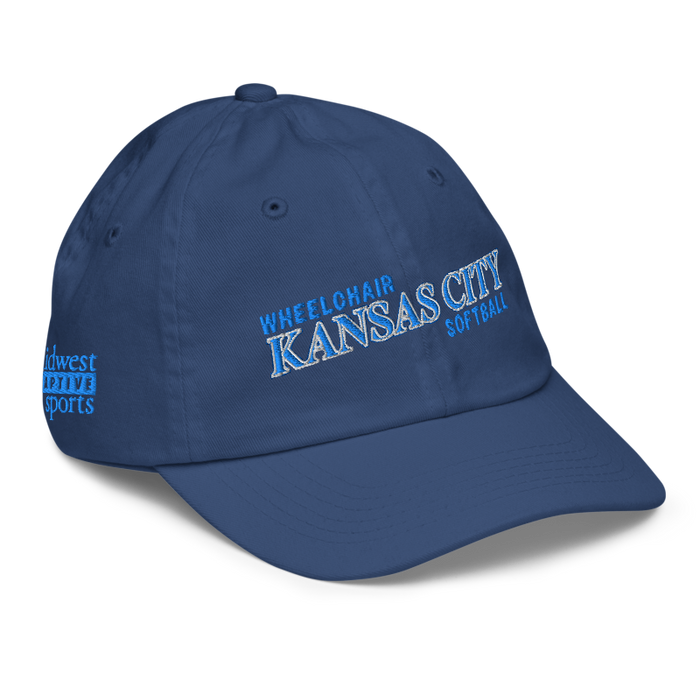 Front right angle of the MAS Kansas City Wheelchair Softball Slant Royal Youth Dad Hat against a white background