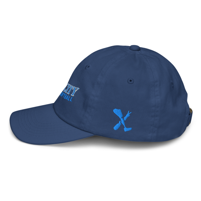 Left angle of the MAS Kansas City Wheelchair Softball Slant Royal Youth Dad Hat against a white background